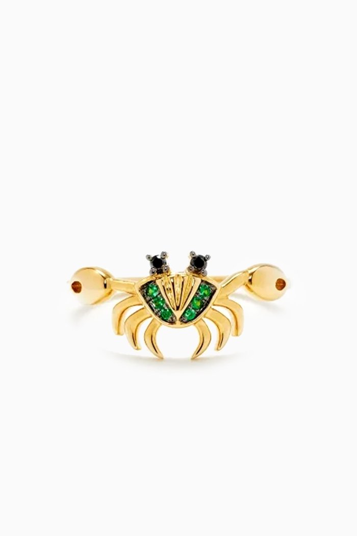 Mini Crab Diamond & Tsavorite Ring in 9kt Yellow Gold