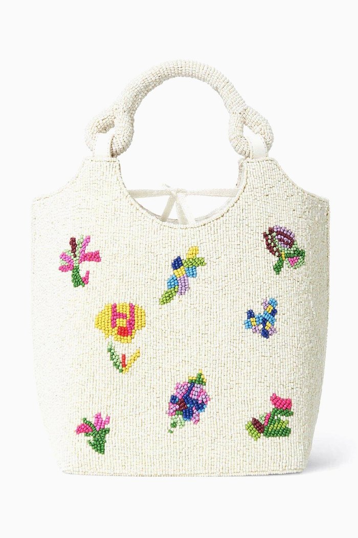 

Beaded Cote Bucket Bag, White
