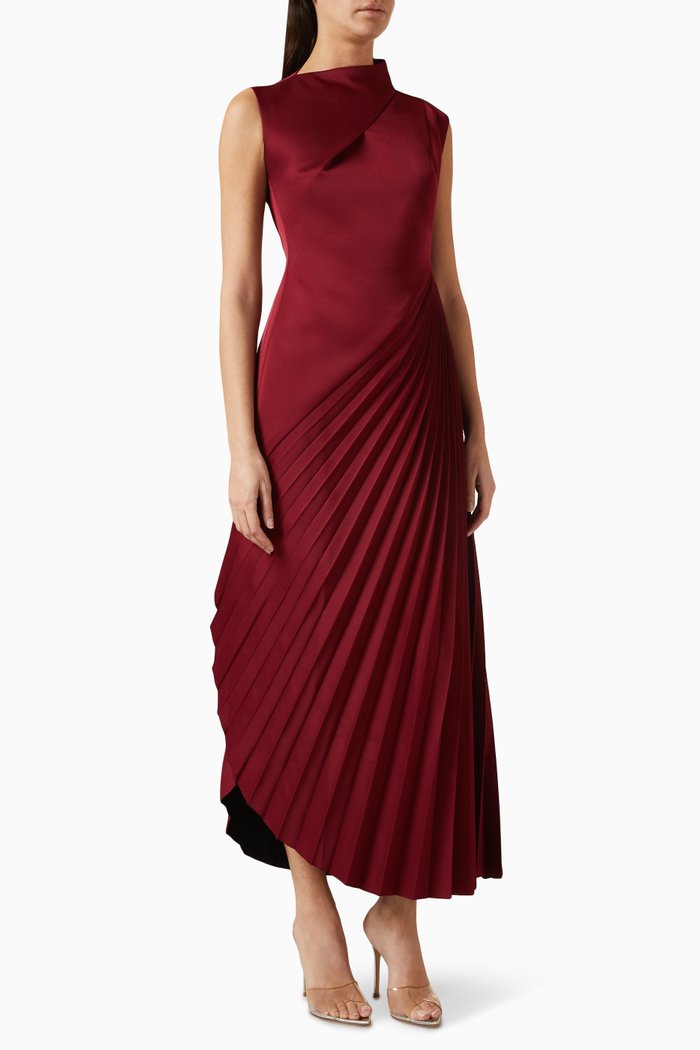 Sesan Asymmetrick Pleated Dress in 3D Spandex, Red