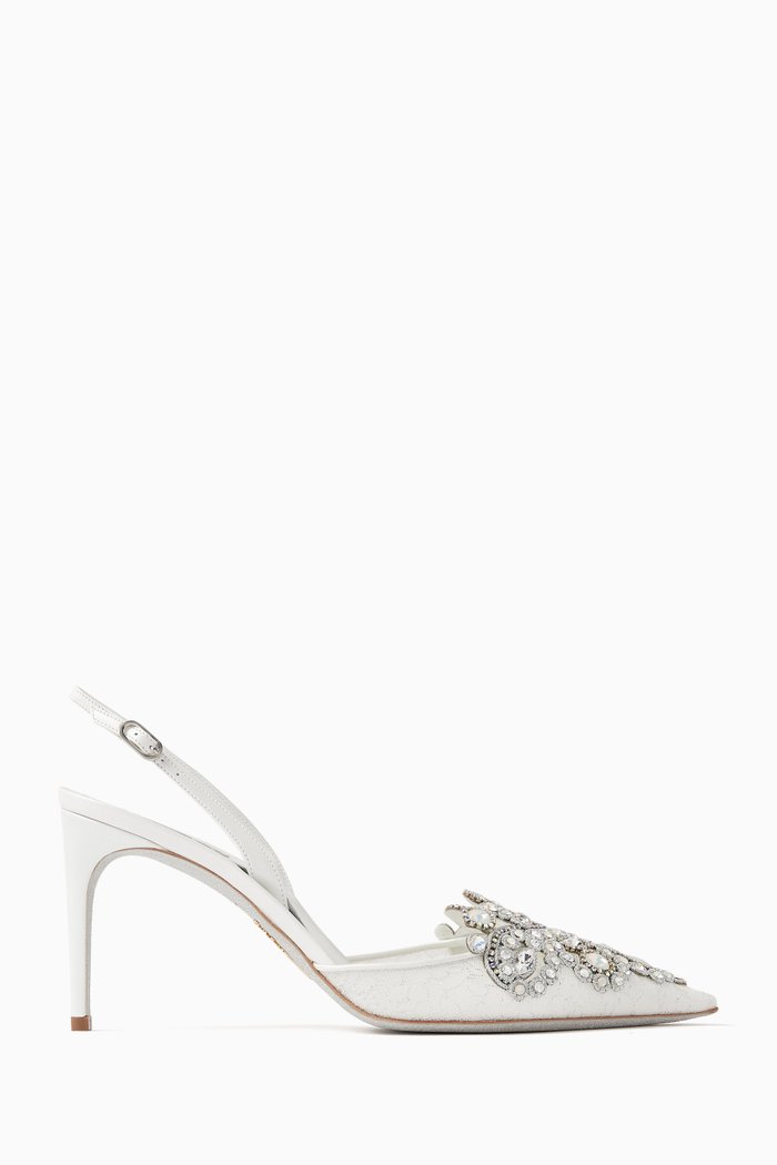 Embellished Slingback Pumps in Lace & Satin, White