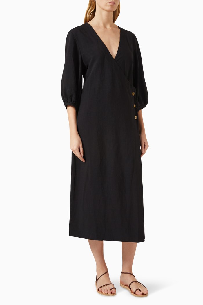 Isa Midi Dress in Linen, Black