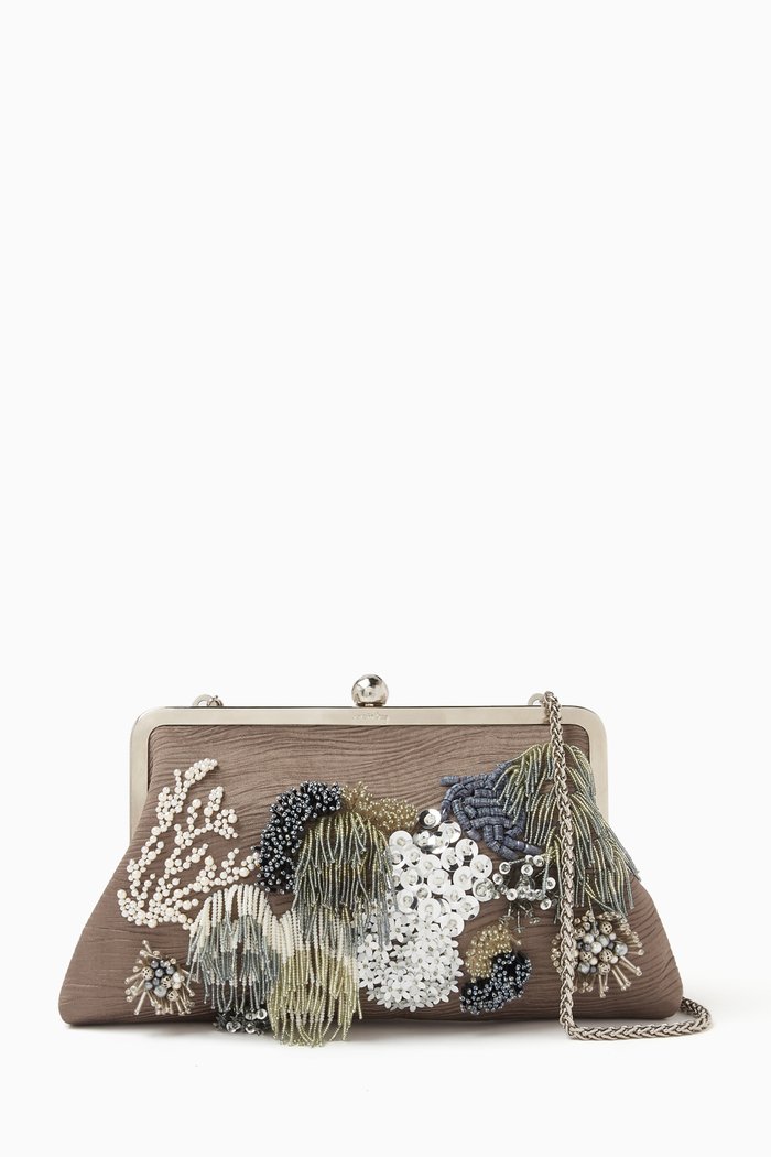 

Aqua Reef Beaded Clutch in Jacquard Satin, Grey