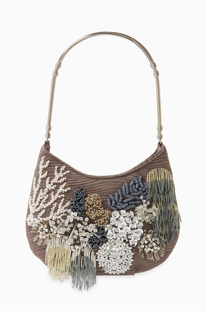 

Aqua Reef Beaded Shoulder Bag in Jacquard Satin, Grey