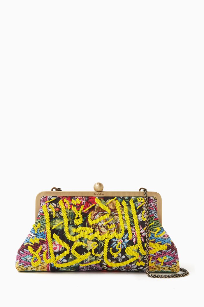 

Calligraphy Beaded Clutch in Floral Jacquard Canvas, Multicolour