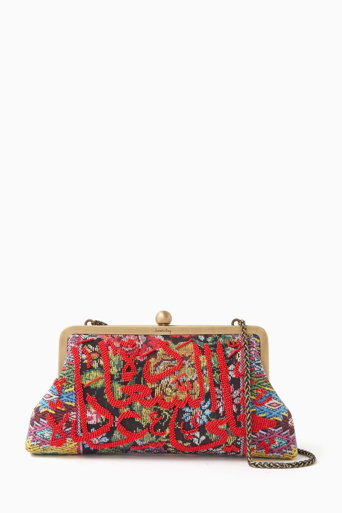 

Calligraphy Beaded Clutch in Floral Jacquard Canvas, Multicolour