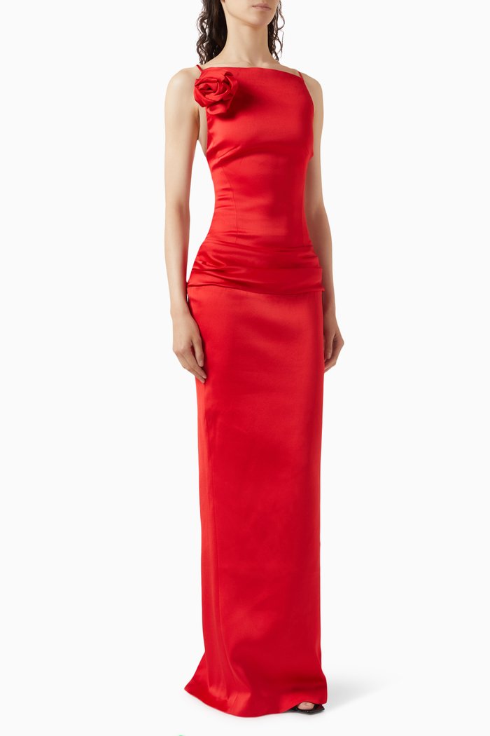 

Floral-embellished Dress in Satin, Red