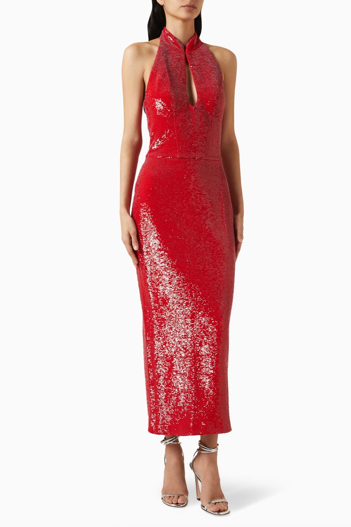 

Cut-out Midi Dress in Sequins, Red