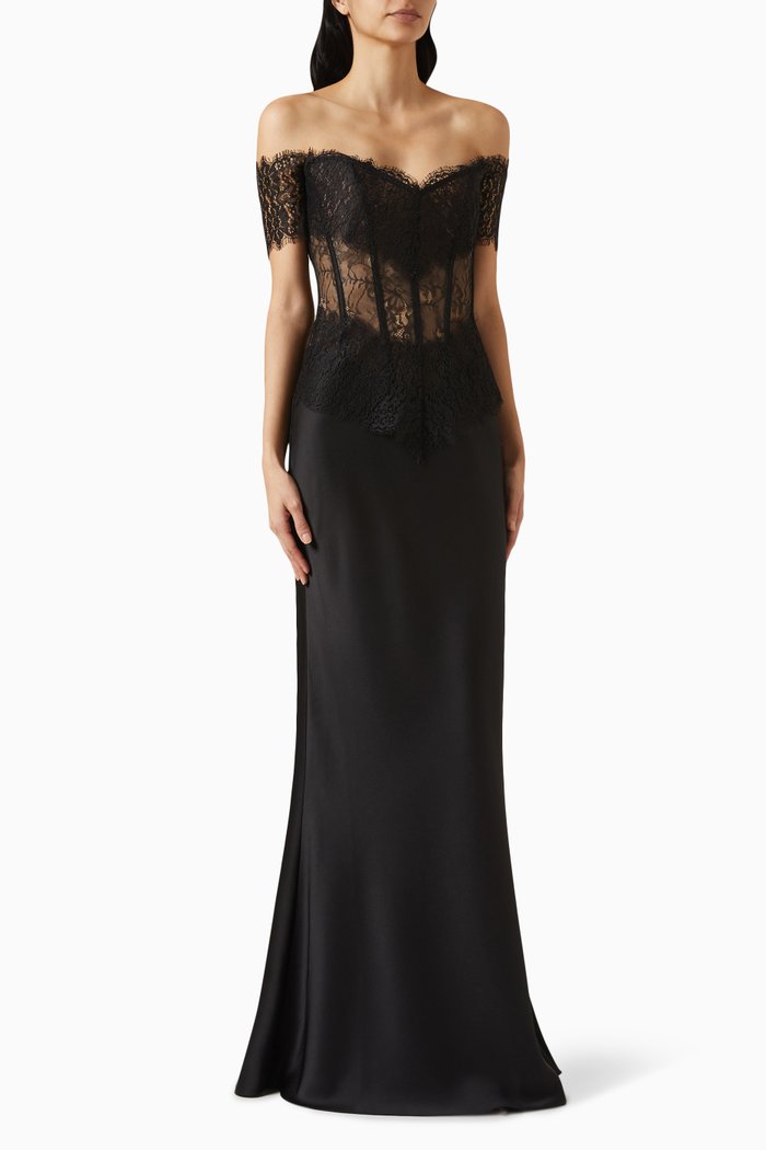 

Off-shoulder Corset Gown in Lace & Satin, Black