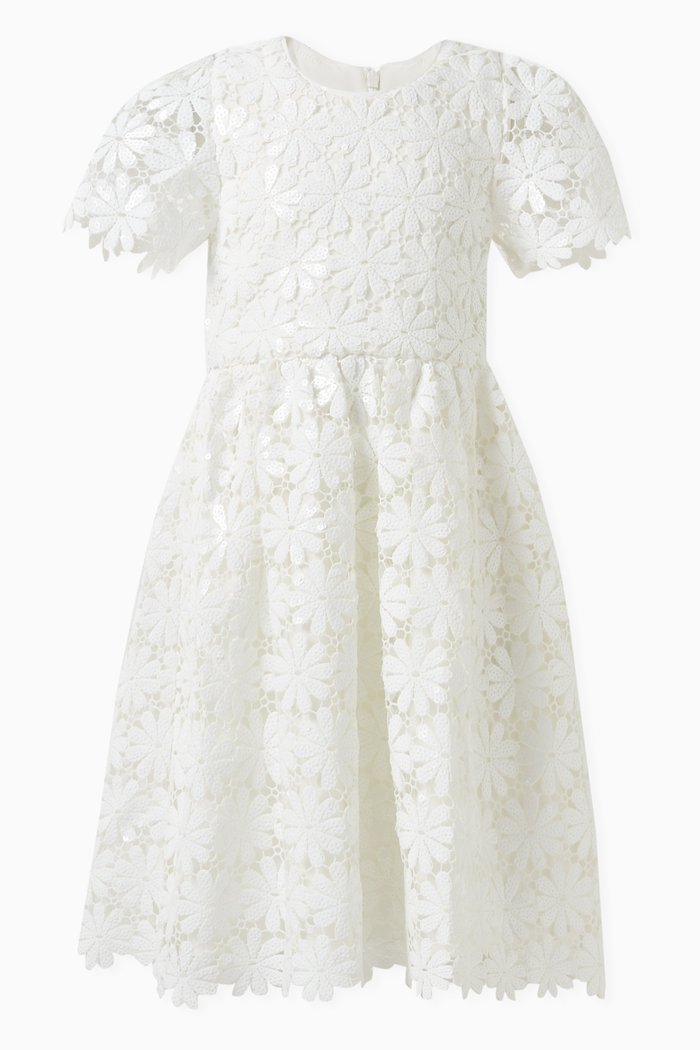 Floral Dress in Guipure Lace & Sequins, White