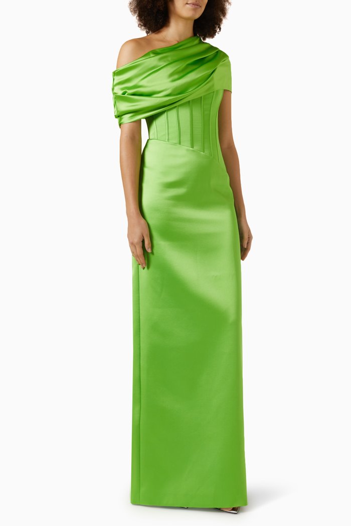 

Guede Asymmetrical Off-shoulder Gown, Green
