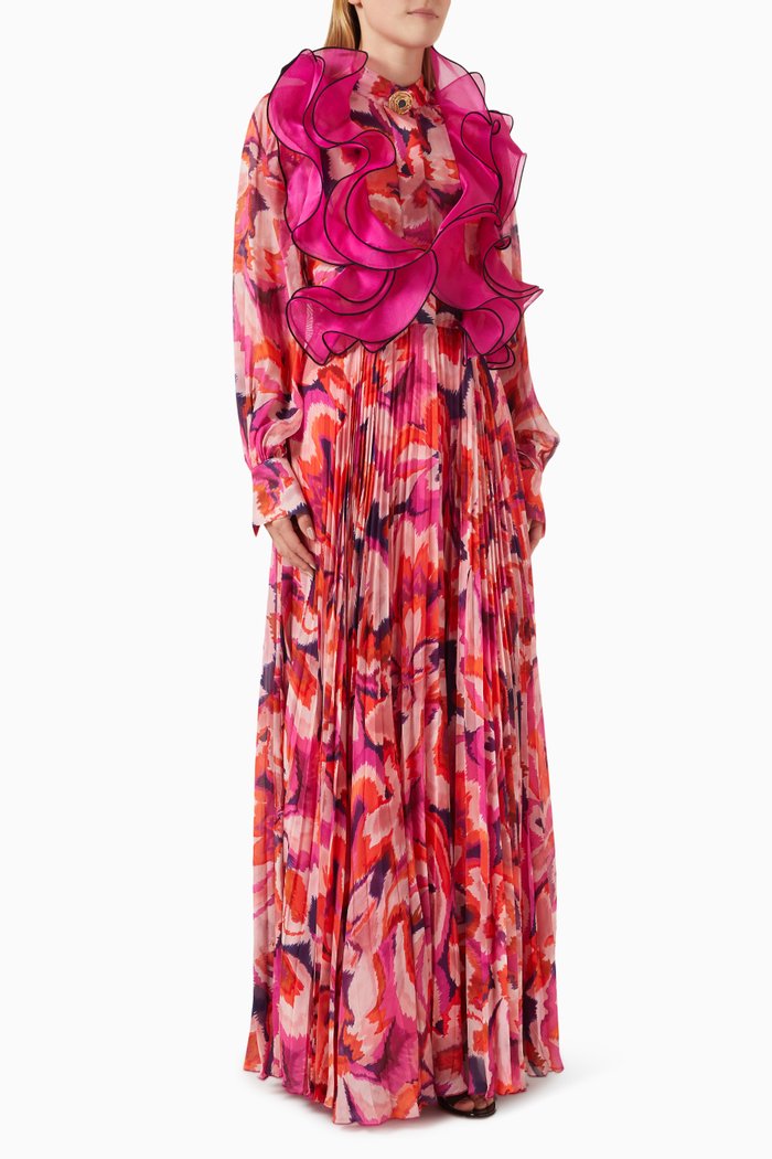 

All-over Print Ruffled Maxi Dress in Organza & Chiffon, Pink