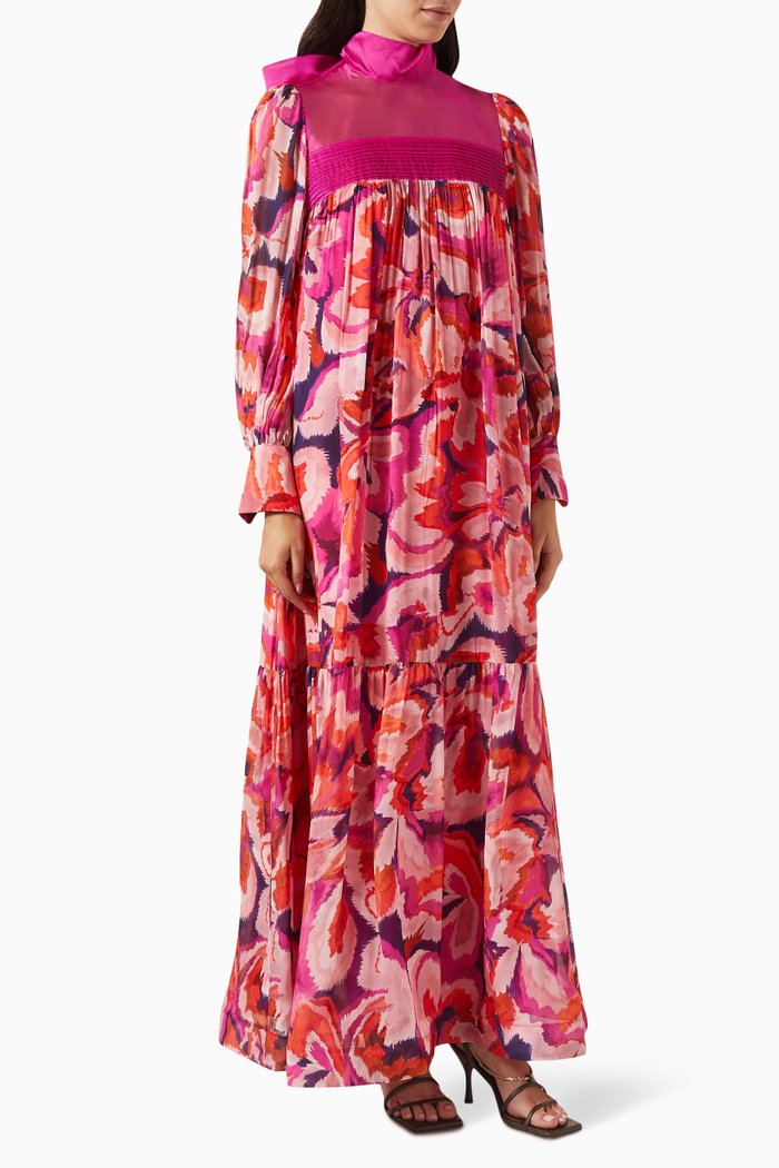 All-over Print Maxi Dress in Organza & Chiffon, Pink