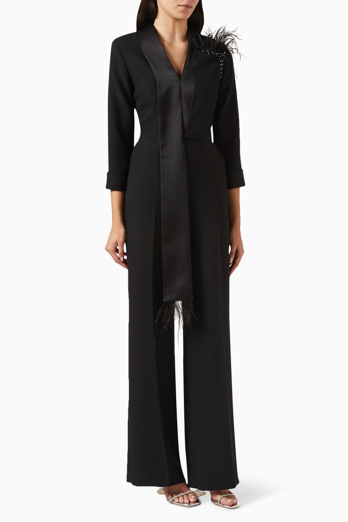 

Feather-embellished Jumpsuit in Crepe, Black