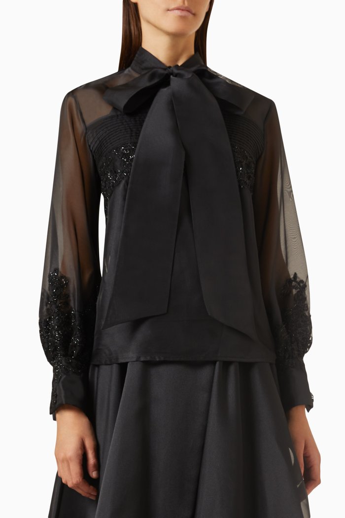Embroidered Neck-tie Blouse in Organza, Black