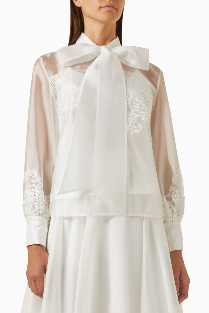 

Embroidered Neck-tie Blouse in Organza, White