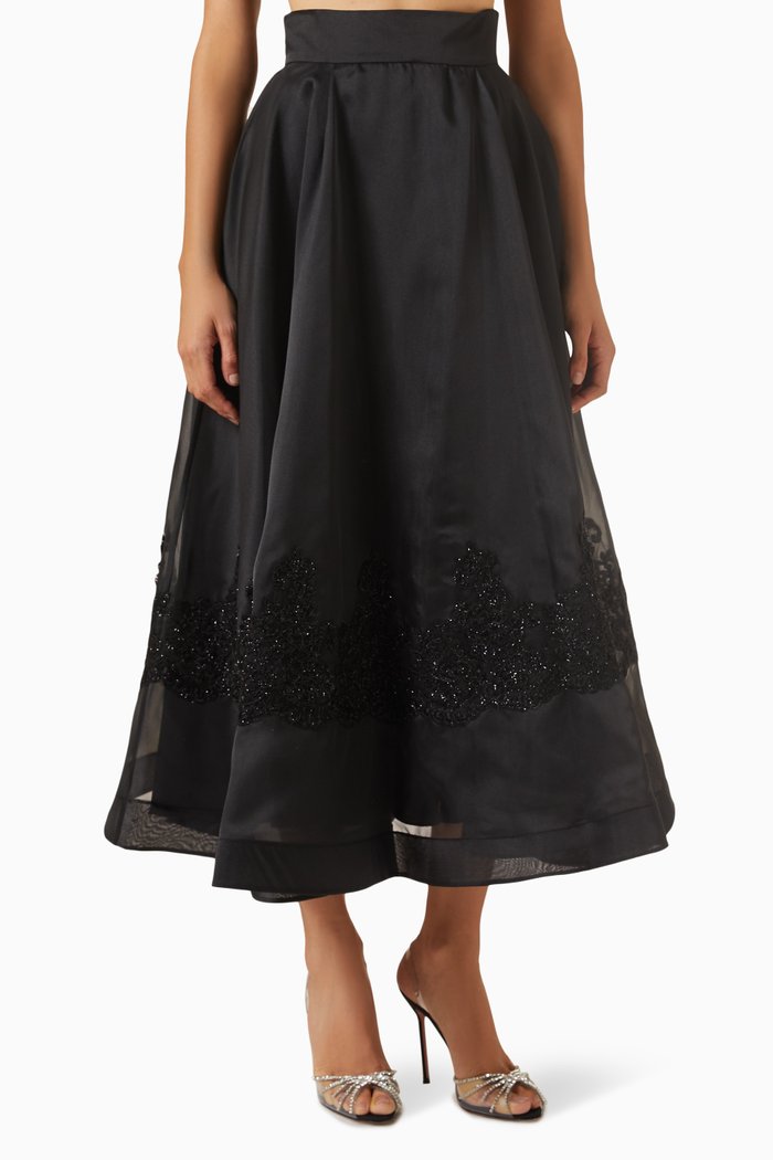 

Lace-embroidered Midi Skirt in Organza, Black