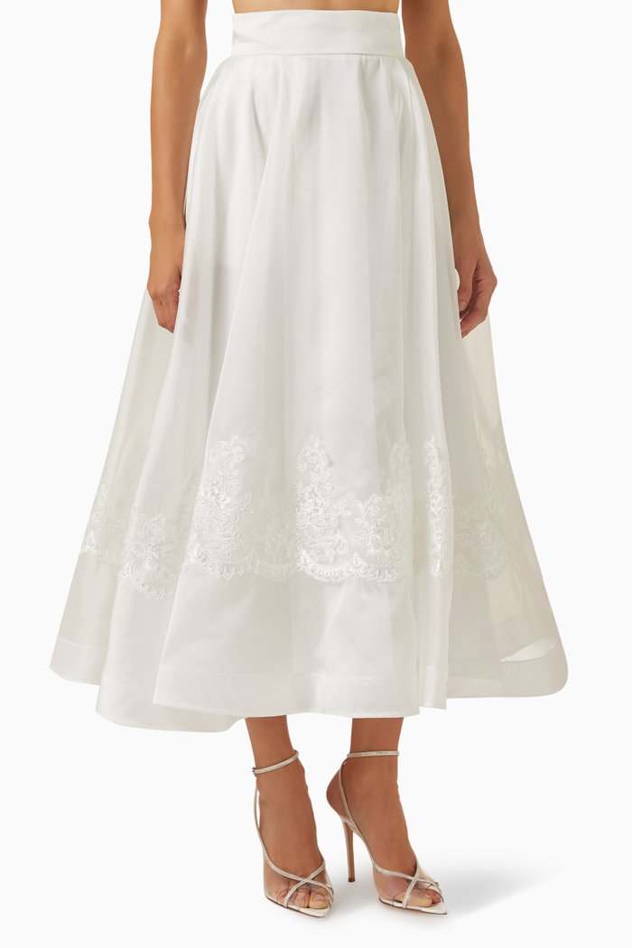 Lace-embroidered Midi Skirt in Organza, White