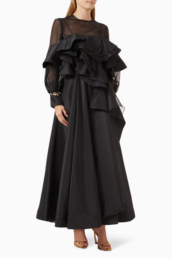 

Ruffled Maxi Dress in Taffeta & Organza, Black