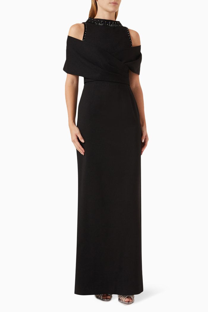 

Embellished Column Maxi Dress in Crepe, Black