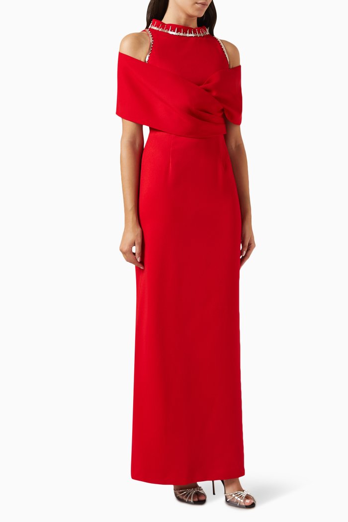 

Embellished Column Maxi Dress in Crepe, Red