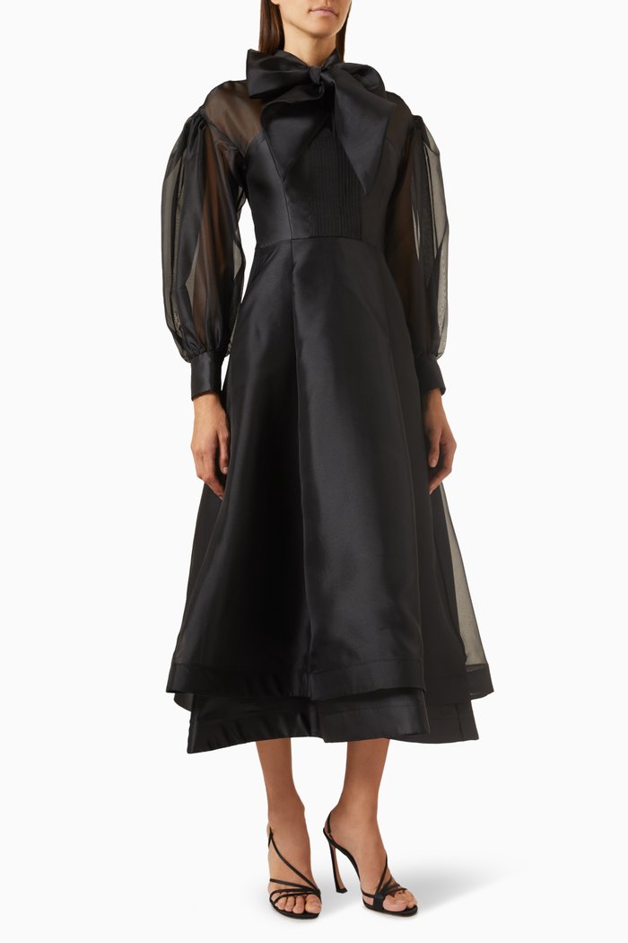 Tie-collar Midi Dress in Organza, Black