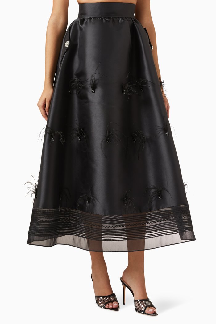 

Feather-embellished Midi Skirt in Organza, Black