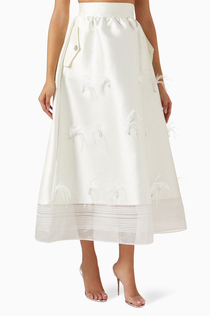 

Feather-embellished Midi Skirt in Organza, White