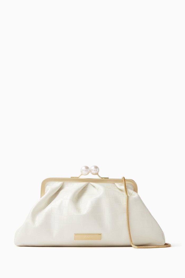 

Lacey Frame Clutch Bag in Croc-embossed Leather, White