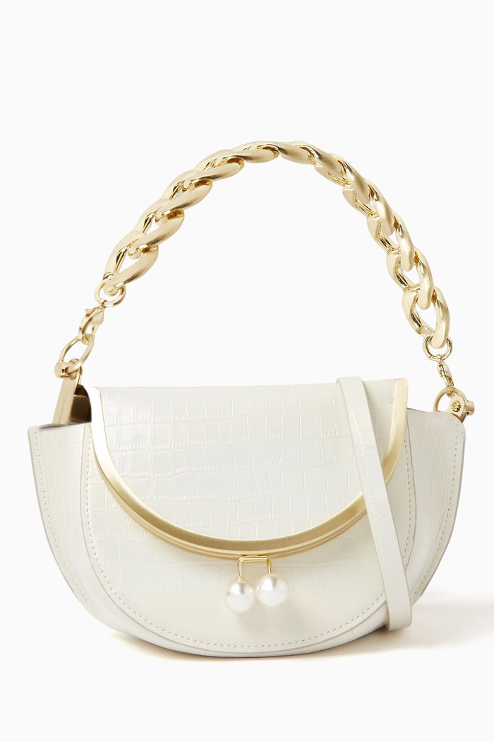 

Lacey Frame Saddle Bag in Croc-embossed Leather, White