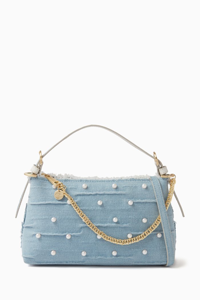 

Posen Zip Top Pearl-embellished Shoulder Bag in Denim, Blue