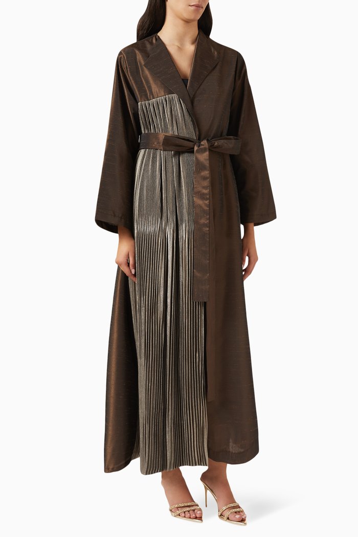 

Pleated Two-tone Abaya in Silk, Brown