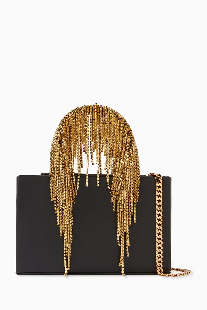 

Midi Crystal-fringe Tote Bag in Lambskin Leather, Black
