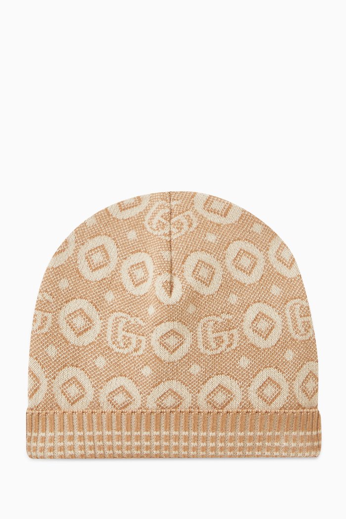 

Double G jacquard Beanie in Cotton Knit, Brown