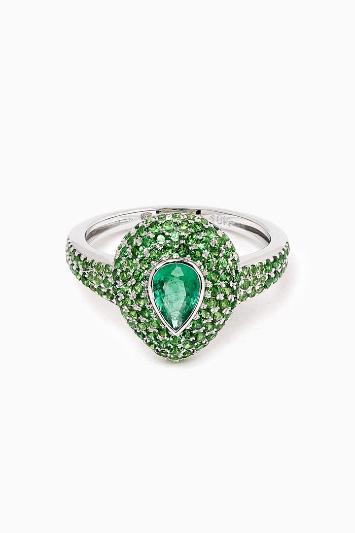 

Pear Pavé Emerald Pinky Ring in 18kt White Gold, Green