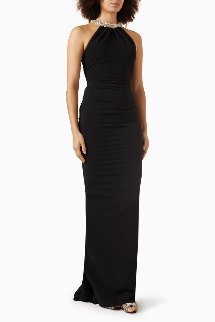 

Halterneck Gown in Stretch Crepe, Black