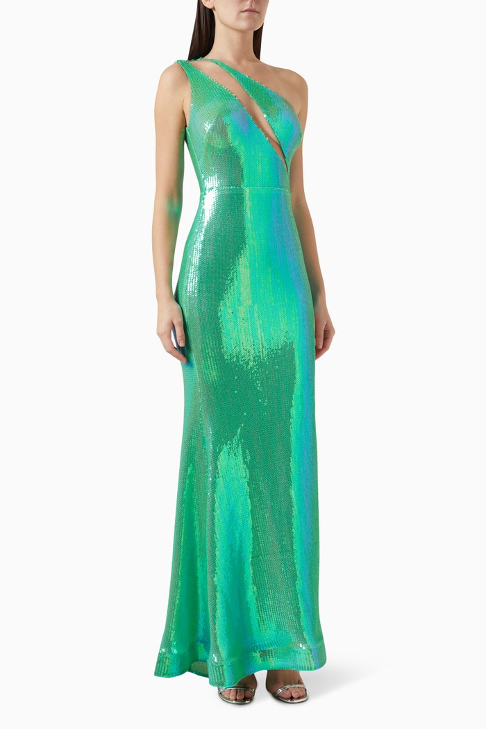 

One-shoulder Gown in Sequins, Green