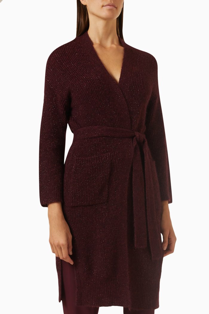 

Belted Cardigan in Metallic Knit, Burgundy
