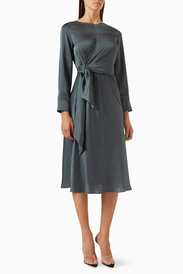 

Sion Knotted Midi Dress in Satin, Brown