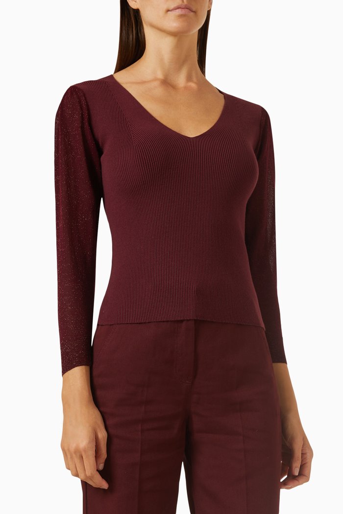 

Moneta V-neck Sweater in Ribbed-knit, Burgundy