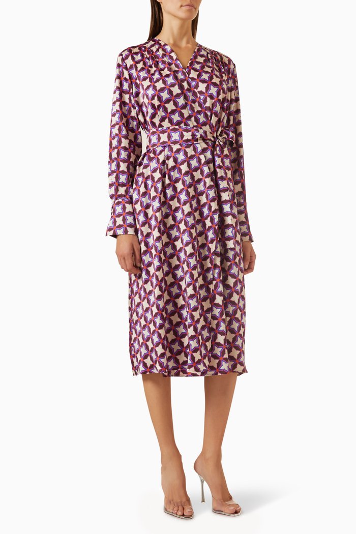 

Dalia Printed Wrap Midi Dress in Satin, Red