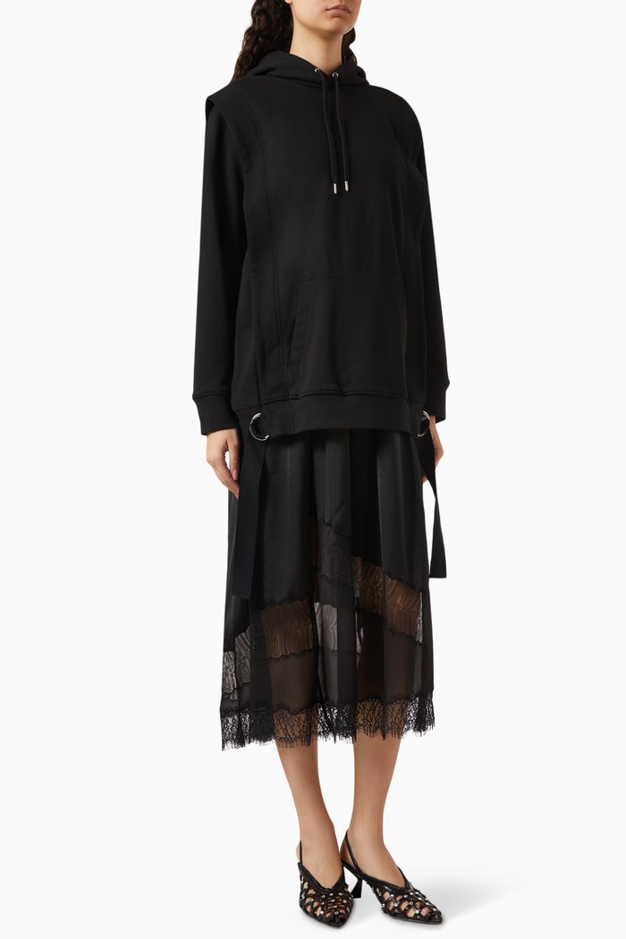 

Lace Trim Hoodie Dress in Cotton, Black
