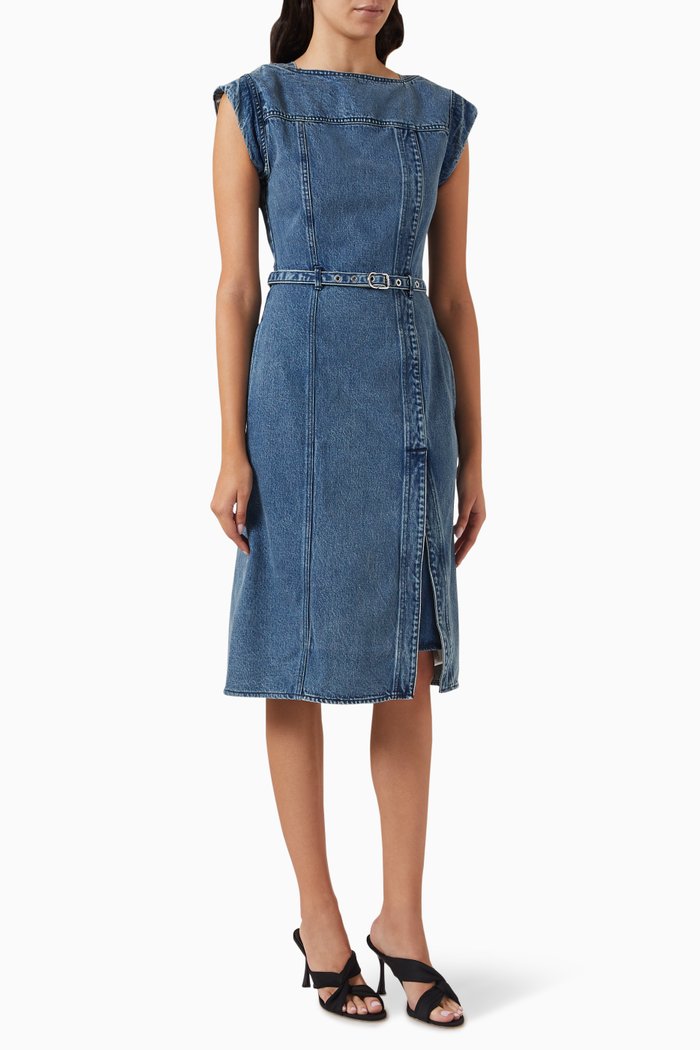 

Deconstructed Belted Midi Dress in Denim, Blue
