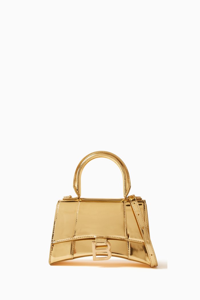 

XS Hourglass Top-handle Bag in Metallic Leather, Gold