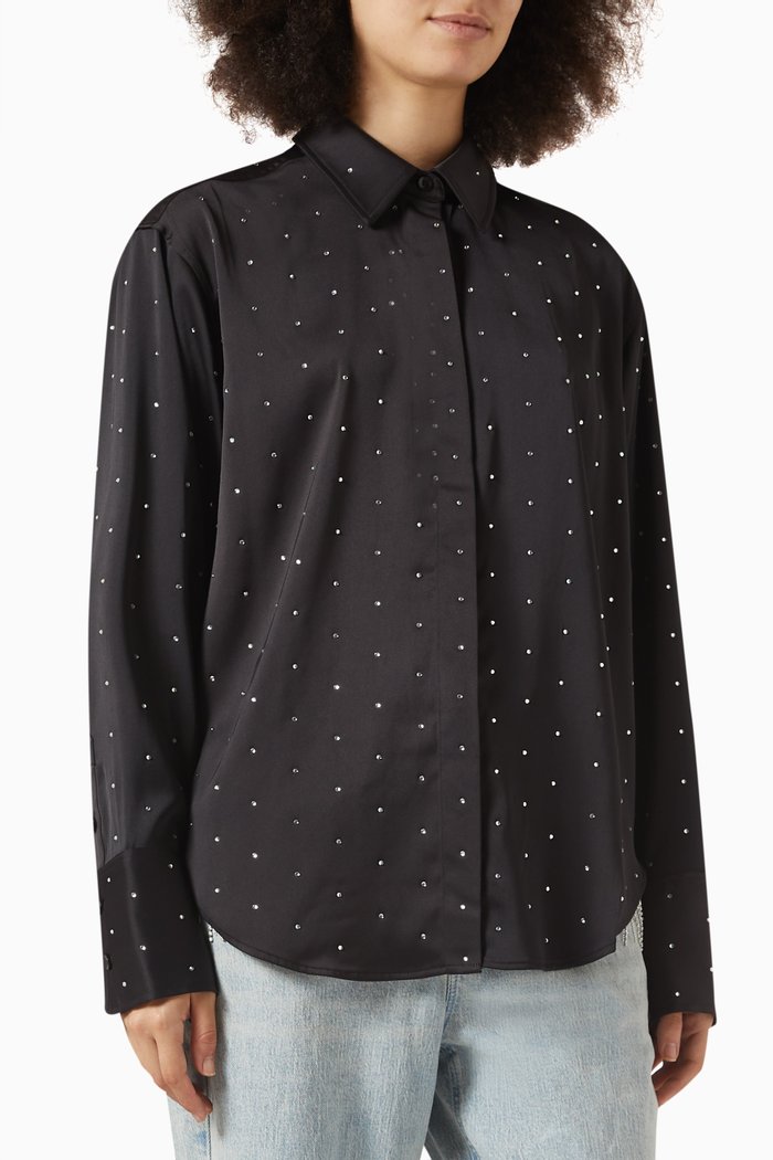 Crystal-studded Shirt in Satin, Black