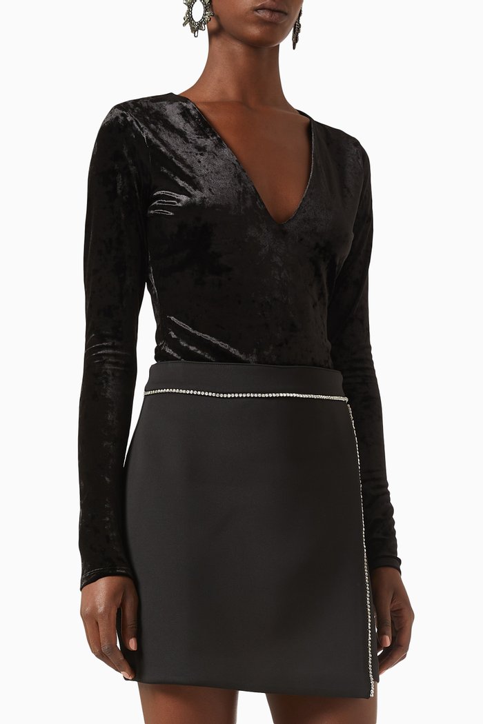 

Deep V Bodysuit in Crushed Velvet, Black