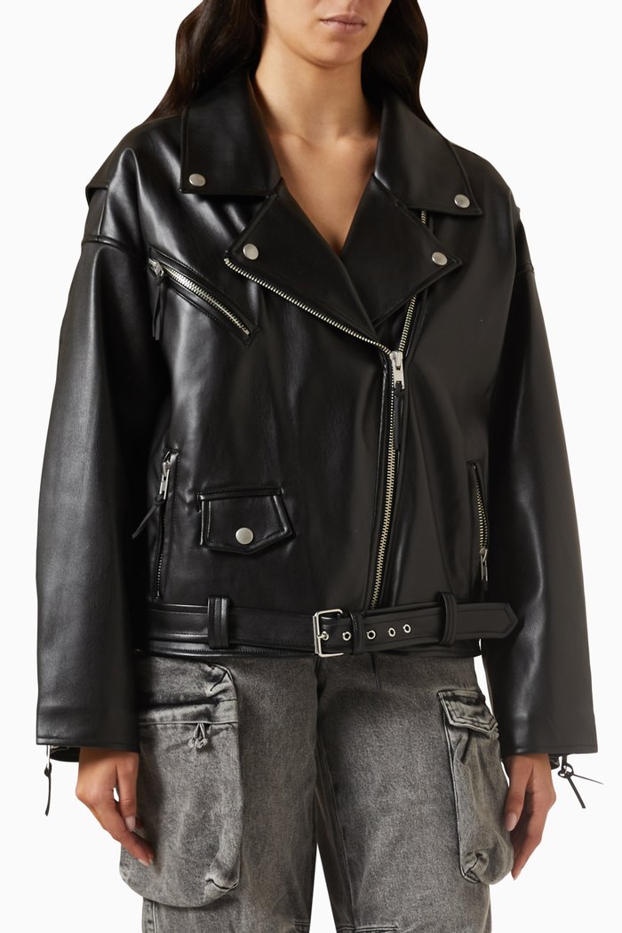 

Oversized Moto Jacket in Faux Leather, Black