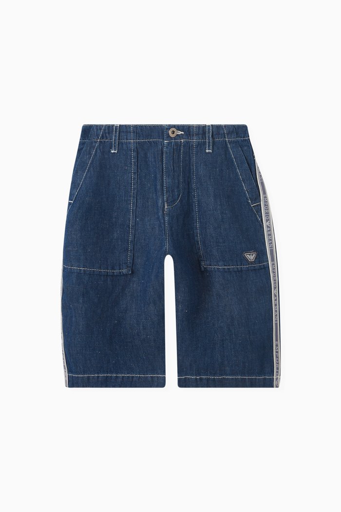 

Logo Tape Shorts in Cotton-linen Denim, Blue