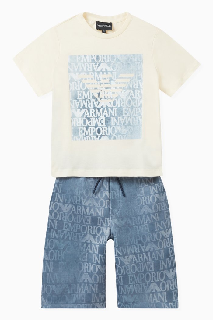 EA Logo-print T-shirt & Shorts in Cotton Jersey, Set of 2, Blue