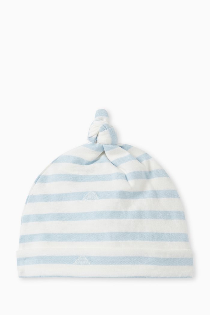 Striped Logo Beanie Hat in Cotton, Blue