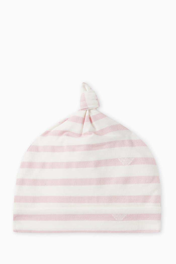 

Striped Logo Beanie Hat in Cotton, Pink